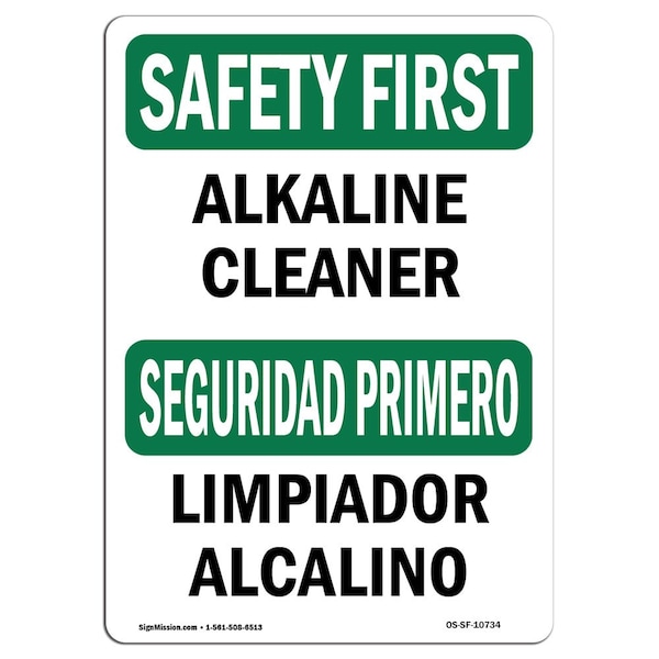 Safety Sign, OSHA SAFETY FIRST, 3.5" Height, Alkaline Cleaner Bilingual, Landscape, 10PK